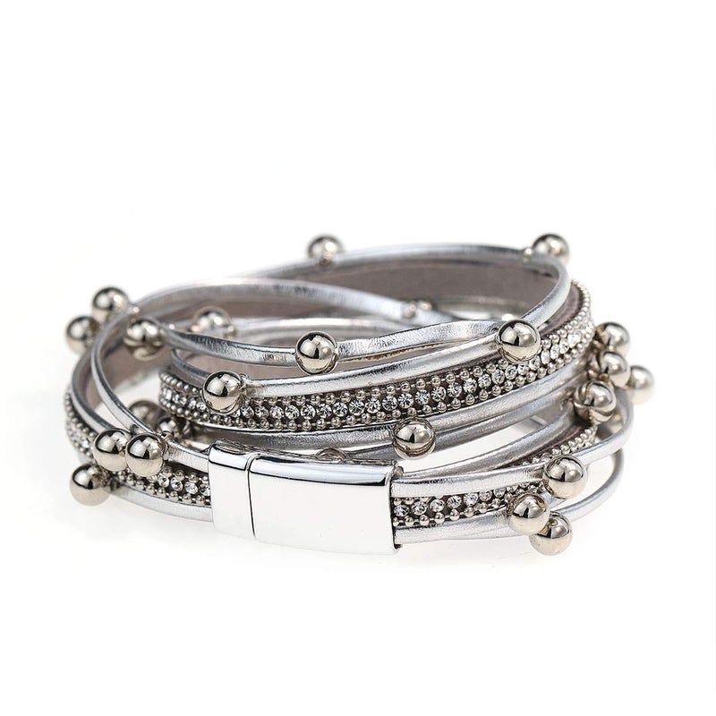 Suyi Women Wrap Bracelet Multilayered Leather Braided Bangle Wrist Cuff Bangles with Magnetic Buckle Silver1 - Image 4